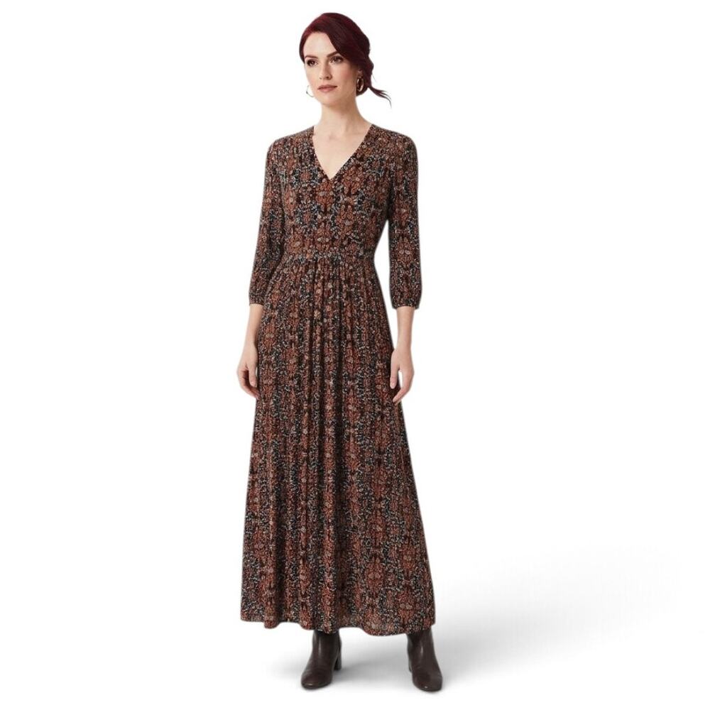 KNOX ROSE Boho Floral Smocked Maxi Dress Rayon Fall Winter Large